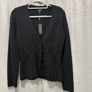 Talbots Black Ribbed merino wool cashmere blend Cardigan Sweater M NWT